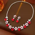Elegant red and clear zircon flower pendant necklace and stud earrings jewelry set for women - Necklace and Earrings Set / Red