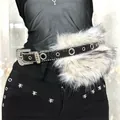 Punk style black leather belt with rhinestones and large white faux fur decor - Black Glitter Plush Style (HN10253)