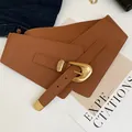 Vintage wide brown leather belt with ornate gold oval buckle for fashionable styling - 11 Belt - Coffee