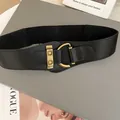 Vintage wide black leather belt featuring a studded gold buckle and elastic band - Elastic Rectangular Rivet Buckle (HN10276)