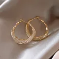 Elegant gold-tone twisted hoop earrings with shimmering mesh inlay on silk background - Twisted Woven Style (HE8275-1) / Gold