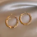 Elegant high-end gold hoop earrings featuring half rhinestone and half metal bead design - Rhinestone Bead Patchwork Style (HE8275-2) / Gold