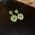 Elegant green heart-shaped crystal drop earrings with halo rhinestones for women jewelry - Rhinestone Heart Drop Earrings / Green