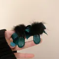 Elegant dark green bow earrings featuring soft black fur poms and glossy resin drops - Bowknot Fur Ball Drop Earrings / Dark Green