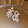 Elegant white pearl flower drop earrings with rhinestones in retro French style - 3D Flower Drop Style (10# Silver Post)