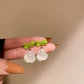 Elegant lime green bow and translucent white rose flower drop earrings with silver pins - 46# Silver Needle - Bow - Flower