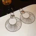 Elegant silver pleated wire hoop earrings with a minimalist French retro aesthetic - Large Hoop Woven Texture Silver Post Earrings (9#) / Silver