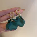 Elegant forest style dark green petal drop earrings with gold textured stud accents - 47# Silver Needle - Petals