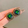 Geometric gold stud earrings with multifaceted green crystal and halo stones - 50# Silver Needle - Square