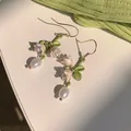 Elegant Mori-style Lily of the Valley drop earrings with green leaves and pearl details - 65# Ear Hook - Pearl - Flower