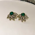 Elegant vintage green flower stud earrings featuring gold-plated leaf petals and rhinestones - 71# Silver Needle - Leaves