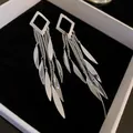 Silver-toned geometric stud earrings featuring long chain leaf tassels in a white gift box - Rhombus Willow Leaf Tassel (18#) / Silver
