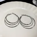 Elegant triple layered silver hoop earrings featuring mixed smooth and textured hoops - Triple Layer Stacked (63#) / Silver