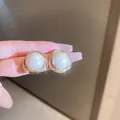 Elegant French style textured white pearl stud earrings with fluid gold circular frame - French Pleated Pearl Stud Earrings (46#) / White