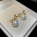 Elegant bow-knot pearl stud earrings with sparkling zircon in a gold-colored finish - Pearl Bowknot Style (28#)