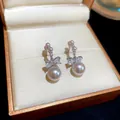 Exquisite silver needle bow stud earrings with pink pearls presented in a premium gift box - Pink Pearl Style (18#)