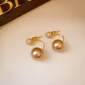 Exquisite champagne pearl stud earrings with gold finish and rhinestone accents - Style 32 Pave Pearl Studs