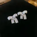 Sparkling silver-tone bow stud earrings featuring exquisite baguette-cut crystals - Square Gem Inlaid (29#)