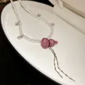 Elegant New Chinese style pearl necklace featuring a sparkling pink rhinestone gourd pendant - Pearl Pink Gourd Necklace