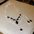 Elegant silver and black rhinestone necklace and earring jewelry set for banquet - V-Shape (4#) / Two-Piece Set / Silver