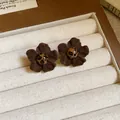 Elegant silver needle flower stud earrings with brown leopard print center for women - Flower Leopard Print Style / Brown