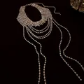 Primo piano che mostra le intricate catene e nappe di strass multistrato della collana - Argento