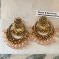 Pendientes de aro dorados vintage con cuentas de gota rosa pálido y cristales finos - Estilo Vintage de Colgante de Media Luna (49#) / Dorado