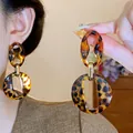 Elegantes pendientes colgantes geométricos con estampado de leopardo y aguja de plata - Estilo Ovalado Geométrico de Doble Aro (45#) / Leopardo Café