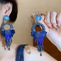 Elegantes pendientes de aro azul tejido con borlas de flecos de cuentas para mujer - Estilo de borla de cuentas bohemia (66#) / Azul