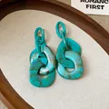 Pendientes colgantes de acrílico verde azulado con elegante patrón de carey vintage - Estilo de Empalme de Doble Anillo Leopardo Azul Pavo Real (36#) / Azul