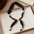 Elegant black polka dot fabric ribbon necklace with white pearl beads vintage style - Necklace Style 34 / Black