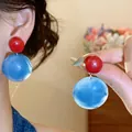 Elegantes pendientes geométricos rojos y azules con aguja de plata para uso diario - Estilo de disco redondo con patrón de mármol (75#) / Rojo Azul