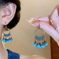 Pendientes de candelabro de turquesa vintage con acabado en bronce antiguo - Estilo de borlas étnicas vintage (69#) / Oro y Azul