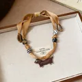 Ethnic handmade fabric cord necklace with cute brown acrylic dachshund dog pendant - Style 19 Necklace / Light Coffee