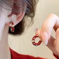 Red Chinese style koi fish C-shaped hoop earrings with gold bands and turquoise - Koi Enamel C-Shape Style (32#) / Red Gold Blue