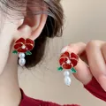 Red floral enamel stud earrings with drop pearls for Chinese New Year - Red Flower Pearl Stud (30#) / Red White Gold