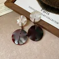Pendientes colgantes geométricos vintage de carey y mármol con aguja de plata - 74# Estilo Largo de Doble Círculo Empalmado (Poste de Plata de Ley s925) / Café y Beige (Patrón de Carey)