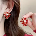 Elegant Chinese style red enamel flower stud earrings with white pearl center for New Year - Enamel Red Flower Style (21#) / Red & Gold