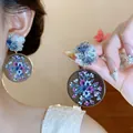 Elegantes pendientes de plata con bordados de flores azules en colgantes redondos - 44# Estilo de Bordado Floral 3D (Poste de Plata de Ley s925) / Gris, Azul y Rosa