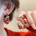 Elegant red pearl and gold-toned C-shaped hoop earrings for Chinese New Year celebration - C-Shape Beaded Hoop (33#) / Red & Gold