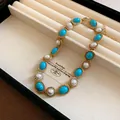 French vintage gold necklace with oval turquoise stones and elegant white pearls - Necklace (HN4775) / Gold with Blue