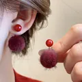 Elegant red bead and burgundy faux fur pom-pom stud earrings for Chinese New Year festive - Red Pom Pom Style (17#) / Red Wine Red