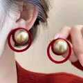 Red festive Chinese New Year stud earrings with large golden bead and velvet hoop design. - Red Round Flocked Style (19#) / Red & Gold