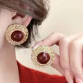 Elegant vintage red round stud earrings with luxury textured gold-tone woven frame - Vintage Woven Texture Style (40#) / Dark Red Gold