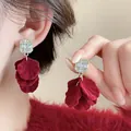 Elegant wine red velvet petal dangle earrings with sparkling crystal studs for women - Red Petal Drop (41#) / Wine Red and Gold