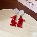 Pendientes colgantes estilo coral rojo con pernos de concha blanca elegantes mujer - Pendiente de concha de rama de coral (39#) / Rojo y Blanco