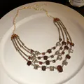 Vintage multi-layer statement necklace with brown and champagne crystals - Necklace (Layered Clavicle Chain) / Gold Brown
