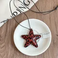 Retro red leopard print star pendant necklace with adjustable black cord accessory - Necklace #9 - Red - Star