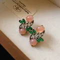 Elegant vintage gold earrings with pink cabochon stones and green marquise crystals - Vine Flower Earrings (Silver Earring Post) / Gold-Pink-Green