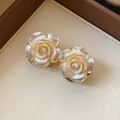 Elegant vintage-style pearlescent rose stud earrings with a central sparkling crystal - Iridescent Shell Rose Earrings (Silver Earring Post) / Gold